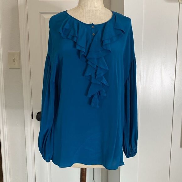Sundance Silk ruffle front teal blouse